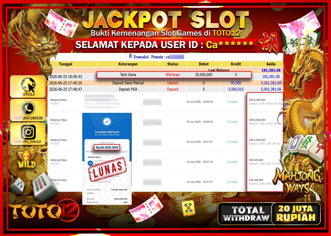 HANYA DI TOTO12 JP PASTI DI BAYAR LUNAS DAN CEPAT!!!!!! JACKPOT SLOT GAME (MAHJONG WAYS) Rp20.000.000!!!!