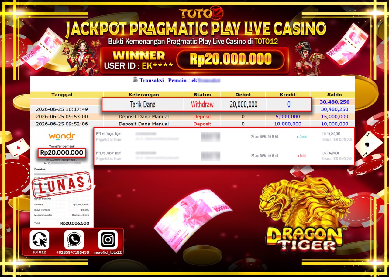 HANYA DI TOTO12 JP PASTI DI BAYAR LUNAS DAN CEPAT!!!!!! JACKPOT PRAGMATIC PLAY LIVE GAME CASINO (PP LIVE DRAGON TIGER) Rp20.000.000!!!!