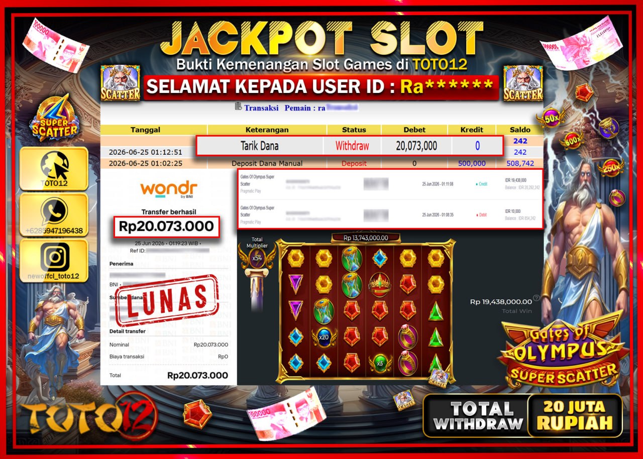 HANYA DI TOTO12 JP PASTI DI BAYAR LUNAS DAN CEPAT!!!!!! JACKPOT SLOT GAME (GATES OF OLYMPUS SUPER SCATTER) Rp20.073.000!!!!