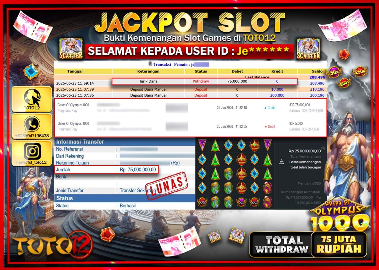 HANYA DI TOTO12 JP PASTI DI BAYAR LUNAS DAN CEPAT!!!!!! JACKPOT SLOT GAME (GATES OF OLYMPUS 1000) Rp75.000.000!!!!
