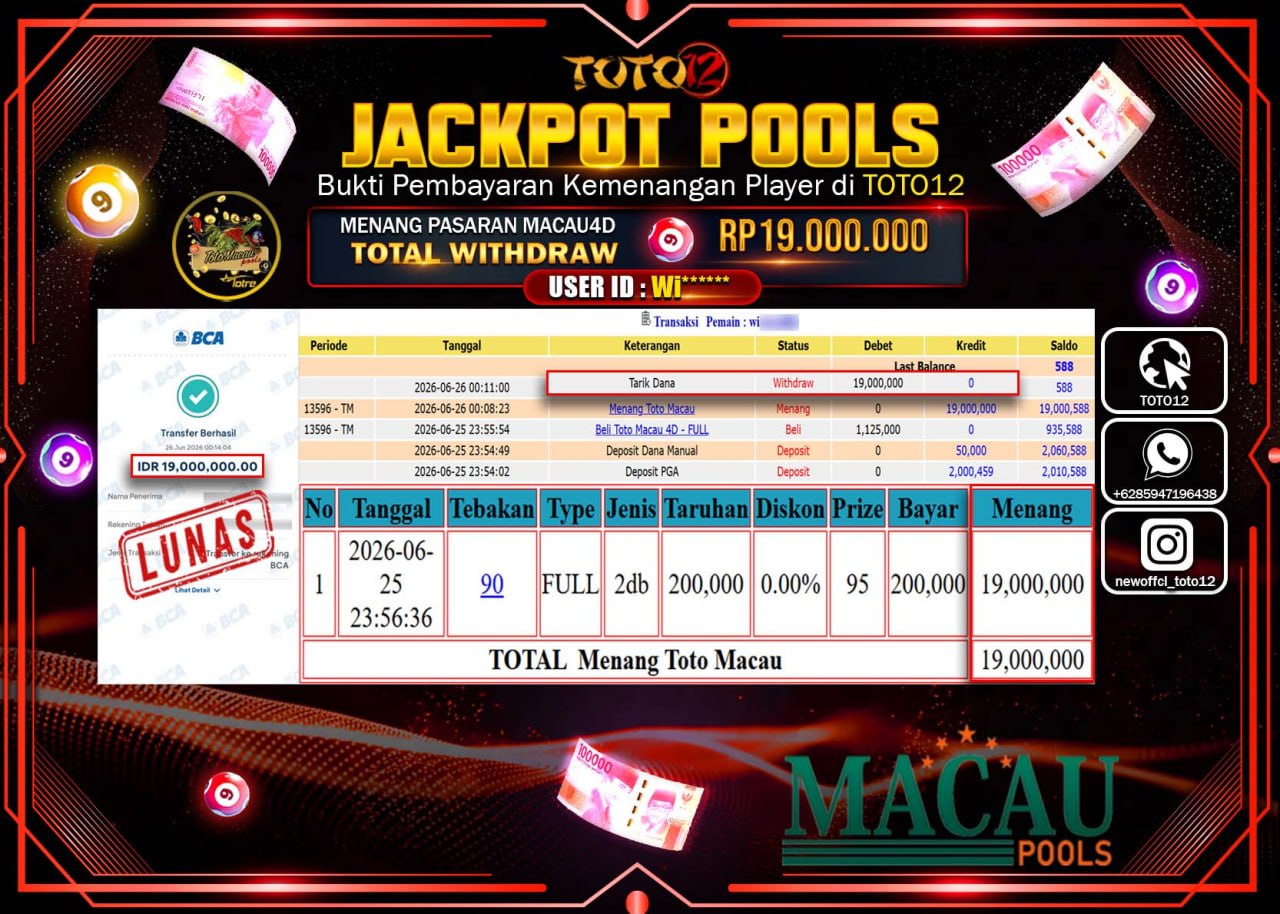HANYA DI TOTO12 JP PASTI DI BAYAR LUNAS DAN CEPAT!!!!!! JACKPOT POOLS PASARAN (MACAU 4D) Rp19.000.000!!!!
