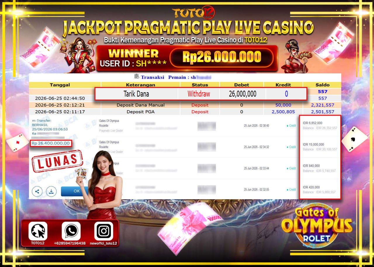 HANYA DI TOTO12 JP PASTI DI BAYAR LUNAS DAN CEPAT!!!!!! JACKPOT PRAGMATIC PLAY LIVE GAME CASINO (GATES OF OLYMPUS ROLET) Rp26.000.000!!!!