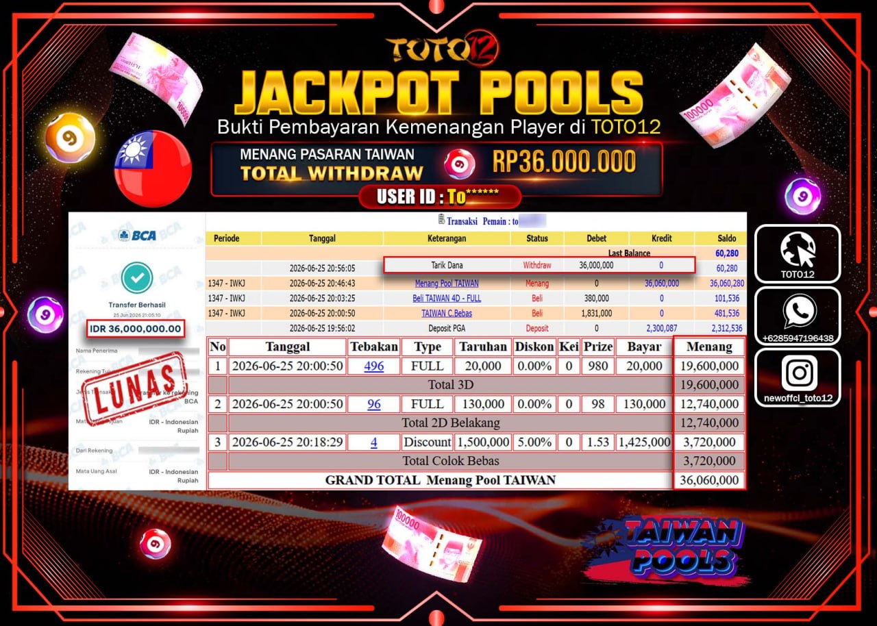 HANYA DI TOTO12 JP PASTI DI BAYAR LUNAS DAN CEPAT!!!!!! JACKPOT POOLS PASARAN (TAIWAN) Rp36.000.000!!!!