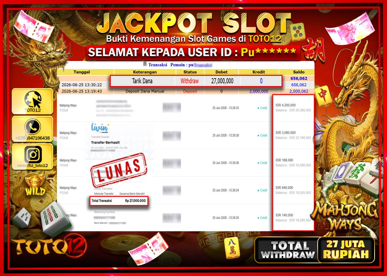 HANYA DI TOTO12 JP PASTI DI BAYAR LUNAS DAN CEPAT!!!!!! JACKPOT SLOT GAME (MAHJONG WAYS) Rp27.000.000!!!!