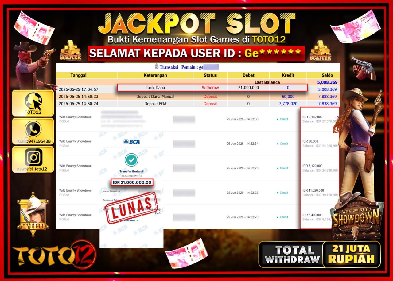 HANYA DI TOTO12 JP PASTI DI BAYAR LUNAS DAN CEPAT!!!!!! JACKPOT SLOT GAME (WILD BOUNTY SHOWDOWN) Rp21.000.000!!!!