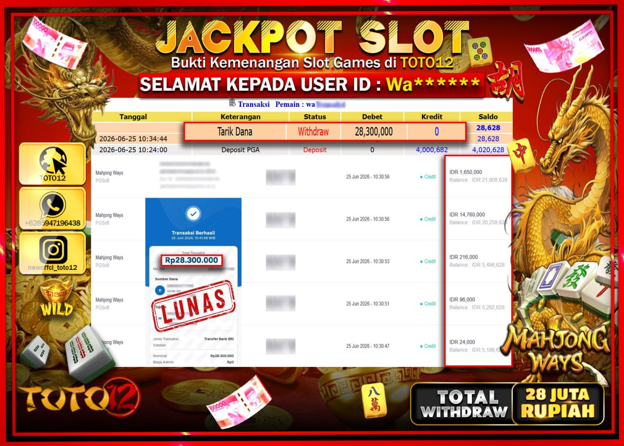 HANYA DI TOTO12 JP PASTI DI BAYAR LUNAS DAN CEPAT!!!!!! JACKPOT SLOT GAME (MAHJONG WAYS) Rp28.300.000!!!!