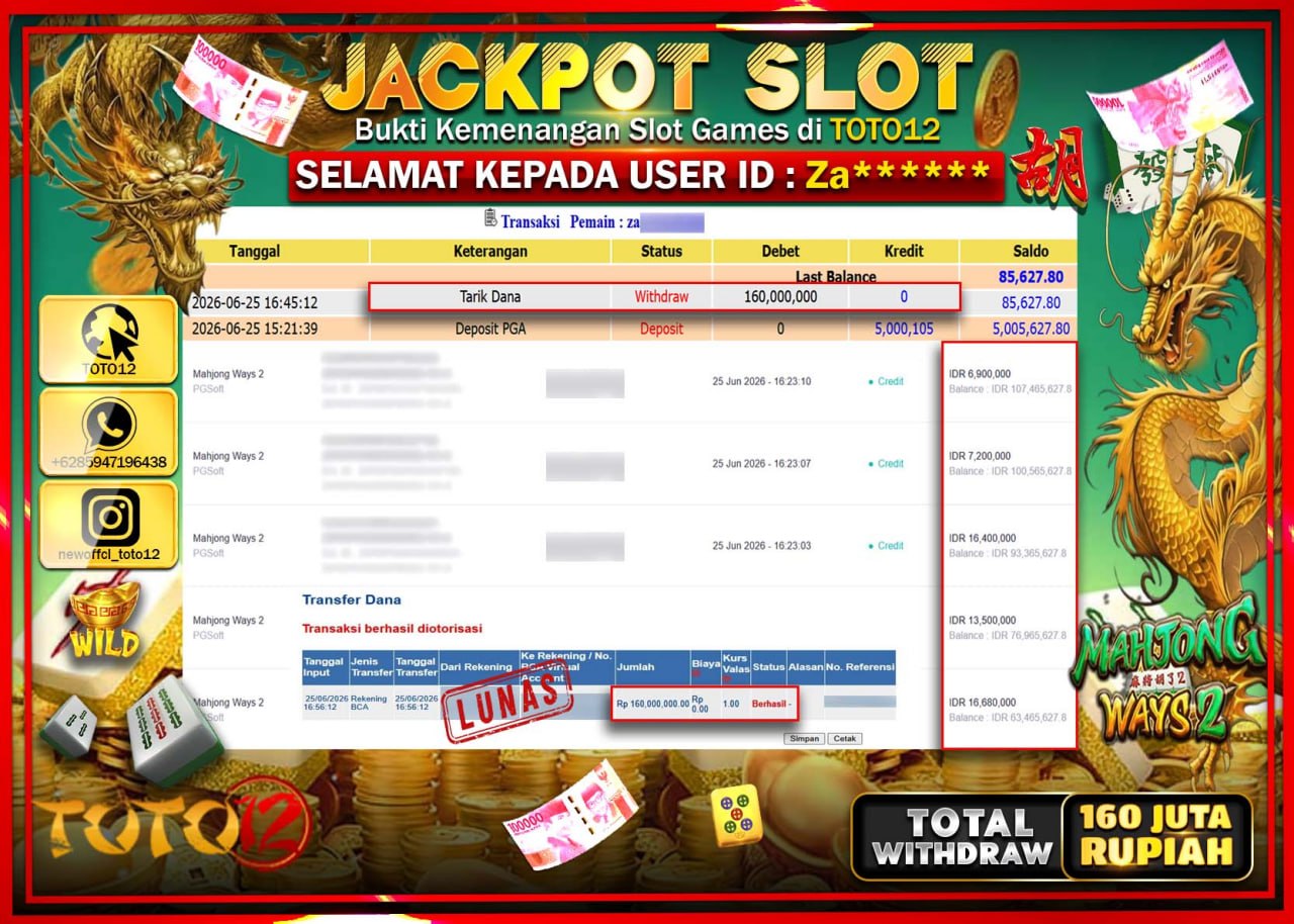 HANYA DI TOTO12 JP PASTI DI BAYAR LUNAS DAN CEPAT!!!!!! JACKPOT SLOT GAME (MAHJONG WAYS 2) Rp160.000.000!!!!