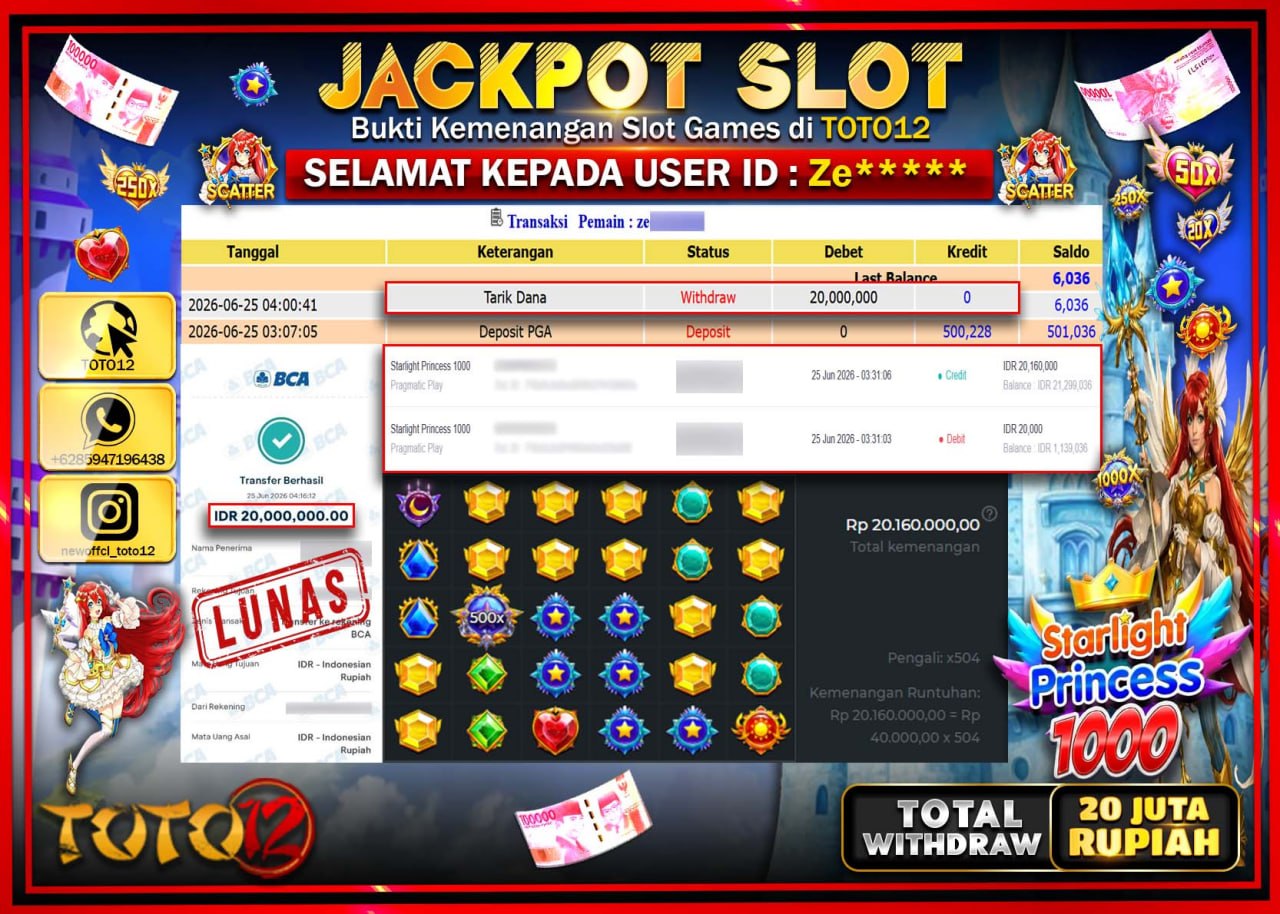 HANYA DI TOTO12 JP PASTI DI BAYAR LUNAS DAN CEPAT!!!!!! JACKPOT SLOT GAME (STARLIGHT PRINCESS 1000) Rp20.000.000!!!!