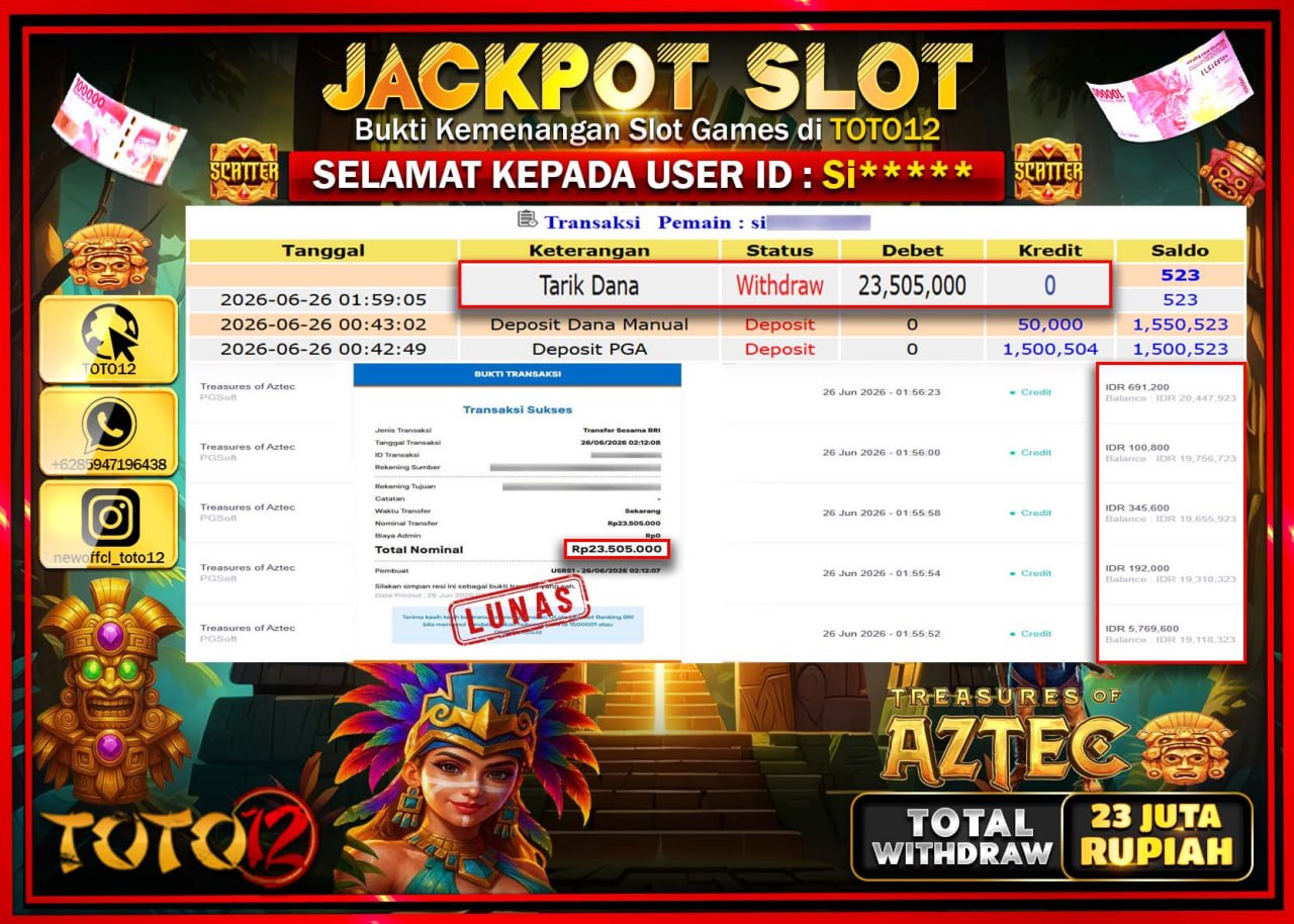 HANYA DI TOTO12 JP PASTI DI BAYAR LUNAS DAN CEPAT!!!!!! JACKPOT SLOT GAME (TREASURES OF AZTEC) Rp23.505.000!!!!
