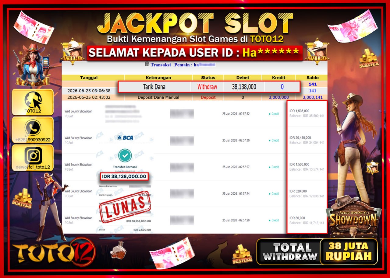 HANYA DI TOTO12 JP PASTI DI BAYAR LUNAS DAN CEPAT!!!!!! JACKPOT SLOT GAME (WILD BOUNTY SHOWDOWN) Rp38.138.000!!!!