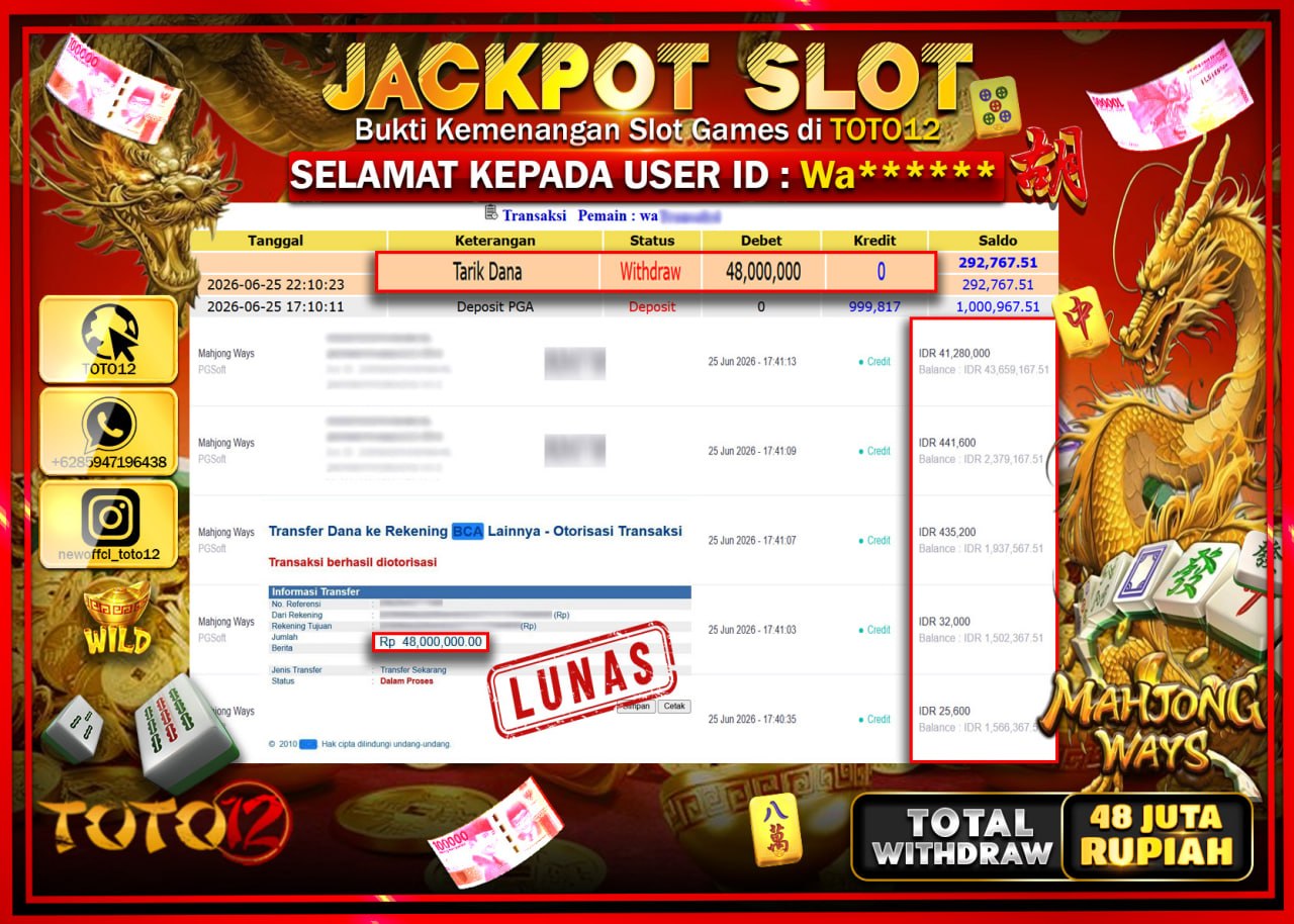 HANYA DI TOTO12 JP PASTI DI BAYAR LUNAS DAN CEPAT!!!!!! JACKPOT SLOT GAME (MAHJONG WAYS) Rp48.000.000!!!!