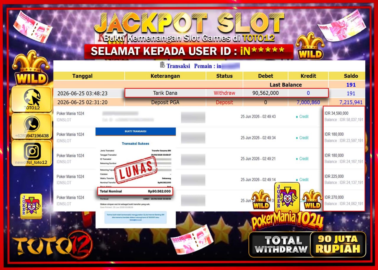 HANYA DI TOTO12 JP PASTI DI BAYAR LUNAS DAN CEPAT!!!!!! JACKPOT SLOT GAME (POKER MANIA 1024) Rp90.562.000!!!!