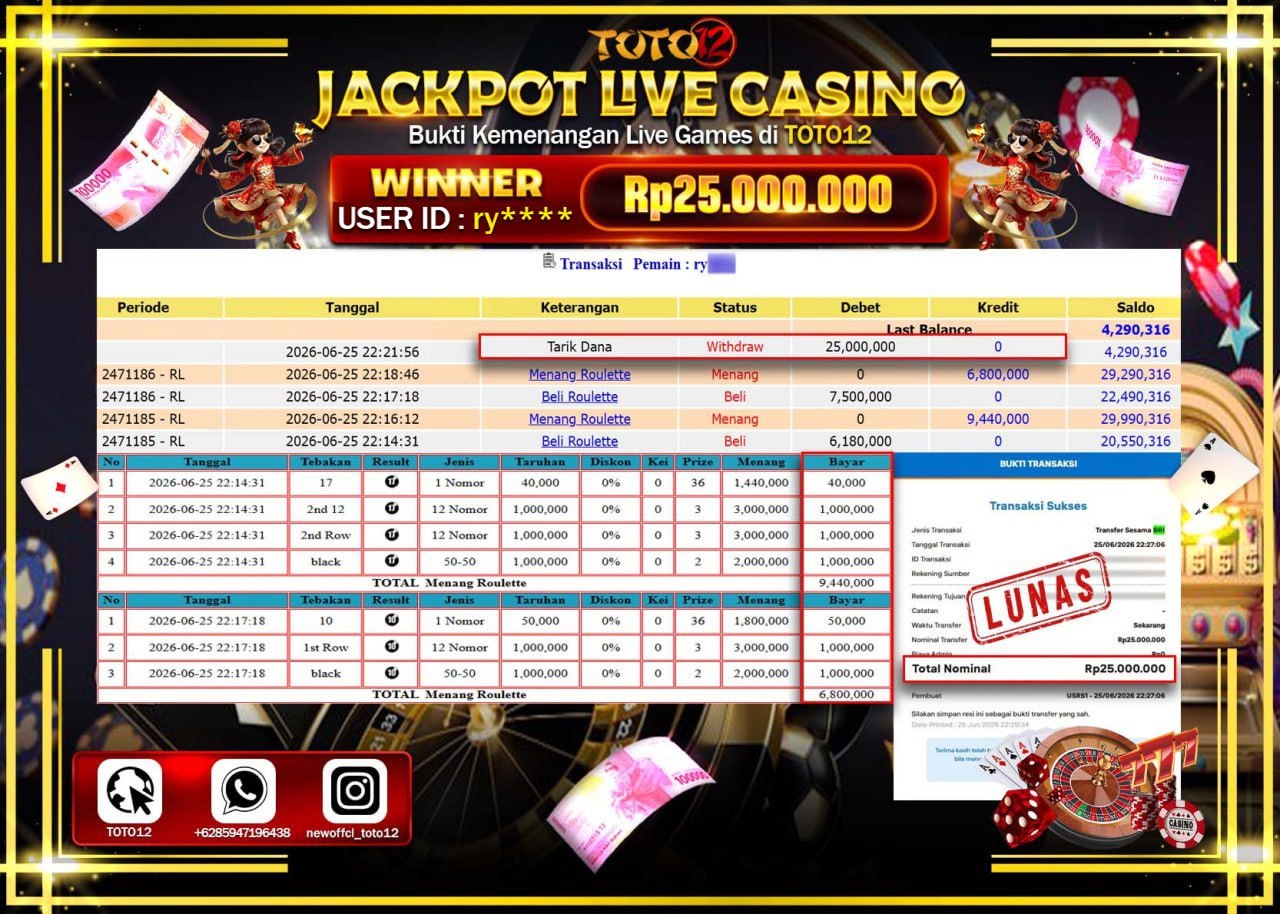 HANYA DI TOTO12 JP PASTI DI BAYAR LUNAS DAN CEPAT!!!!!! JACKPOT  LIVE GAME CASINO (ROULETTE) Rp25.000.000!!!!