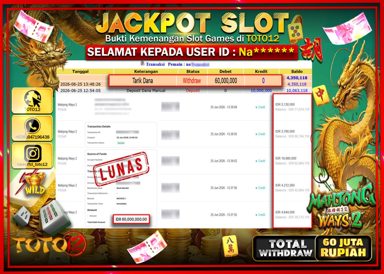 HANYA DI TOTO12 JP PASTI DI BAYAR LUNAS DAN CEPAT!!!!!! JACKPOT SLOT GAME (MAHJONG WAYS 2) Rp60.000.000!!!!