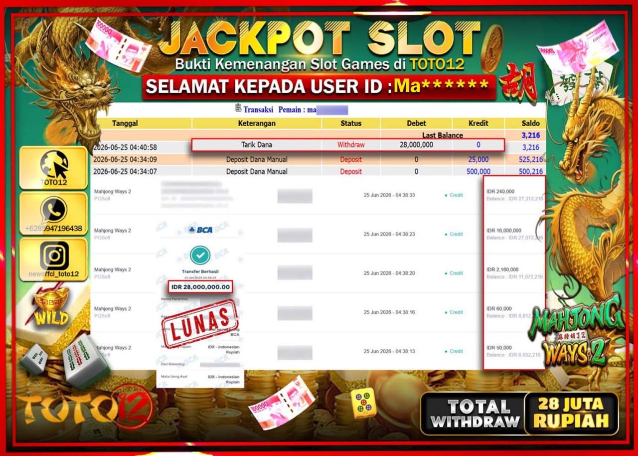 HANYA DI TOTO12 JP PASTI DI BAYAR LUNAS DAN CEPAT!!!!!! JACKPOT SLOT GAME (MAHJONG WAYS 2) Rp28.000.000!!!!