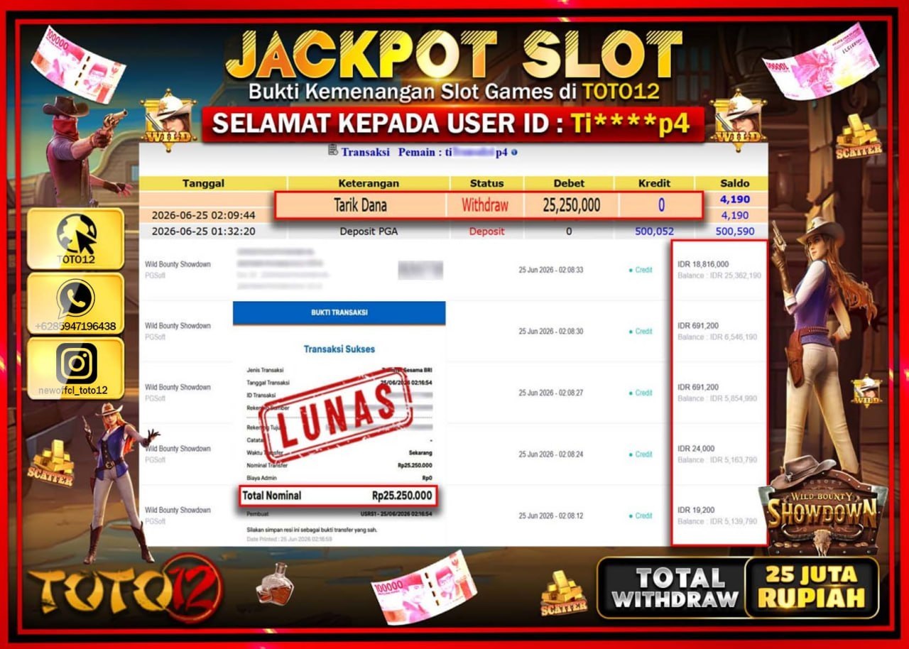 HANYA DI TOTO12 JP PASTI DI BAYAR LUNAS DAN CEPAT!!!!!! JACKPOT SLOT GAME (WILD BOUNTY SHOWDOWN) Rp25.250.000!!!!