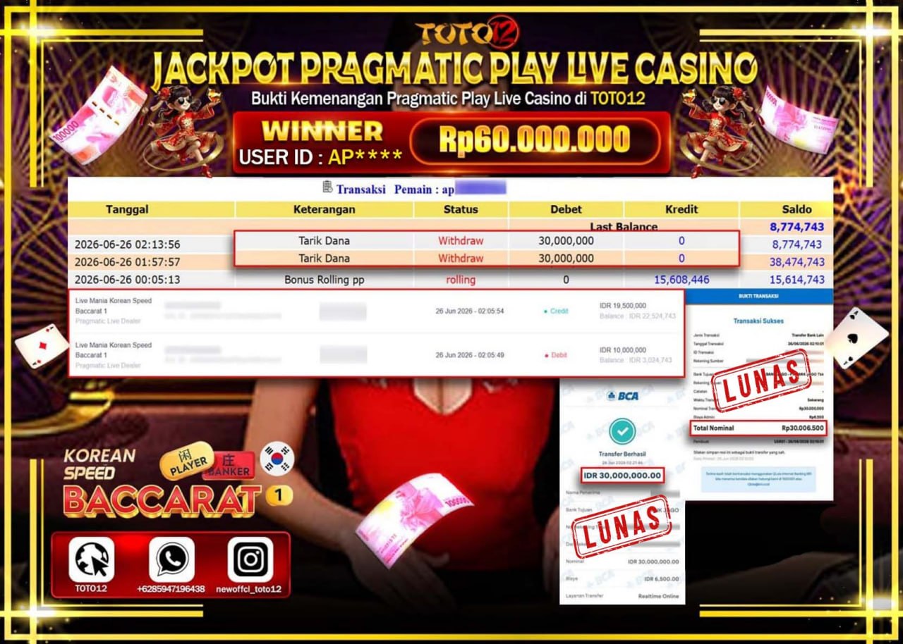 HANYA DI TOTO12 JP PASTI DI BAYAR LUNAS DAN CEPAT!!!!!! JACKPOT PRAGMATIC PLAY LIVE GAME CASINO (LIVE MANIA KOREAN SPEED BACCARAT 1) Rp60.000.000!!!!