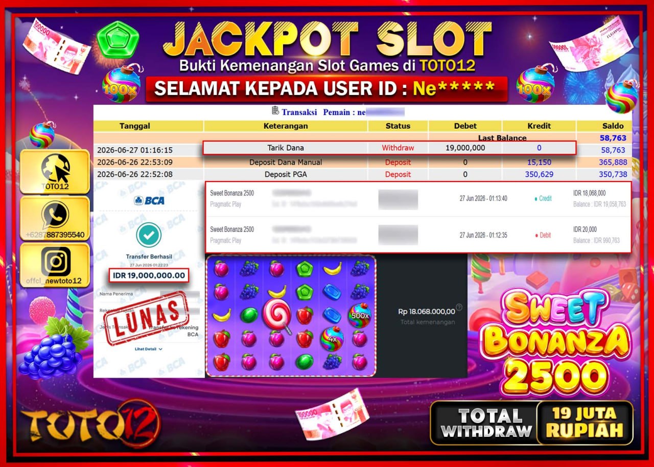 HANYA DI TOTO12 JP PASTI DI BAYAR LUNAS DAN CEPAT!!!!!! JACKPOT SLOT GAME (SWEET BONANZA 2500) Rp19.000.000!!!!