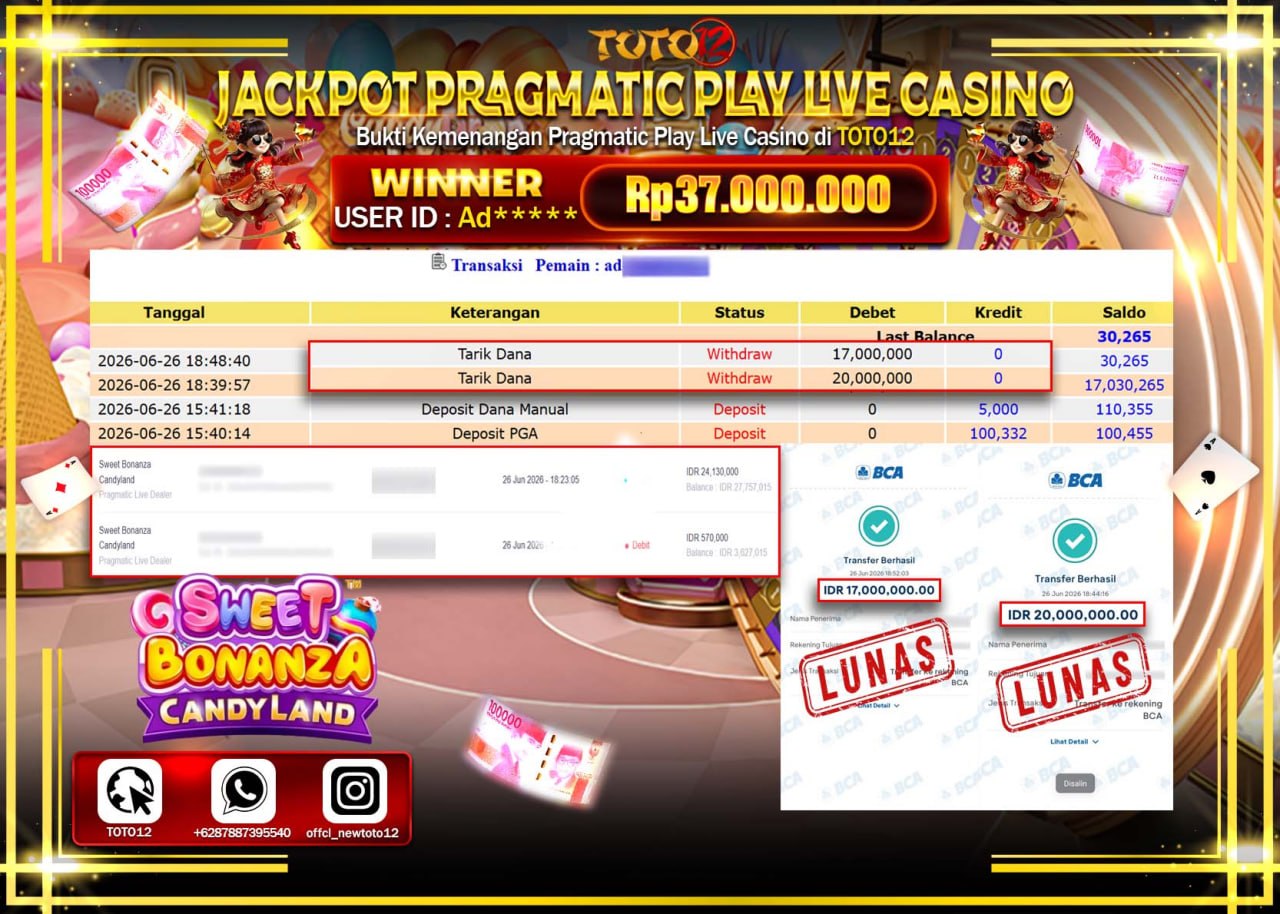 HANYA DI TOTO12 JP PASTI DI BAYAR LUNAS DAN CEPAT!!!!!! JACKPOT PRAGMATIC PLAY LIVE GAME CASINO (SWEET BONANZA CANDYLAND) Rp37.000.000!!!!