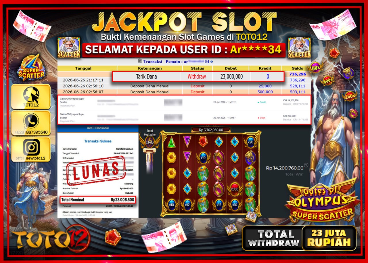 HANYA DI TOTO12 JP PASTI DI BAYAR LUNAS DAN CEPAT!!!!!! JACKPOT SLOT GAME (GATES OF OLYMPUS SUPER SCATTER) Rp23.000.000!!!!