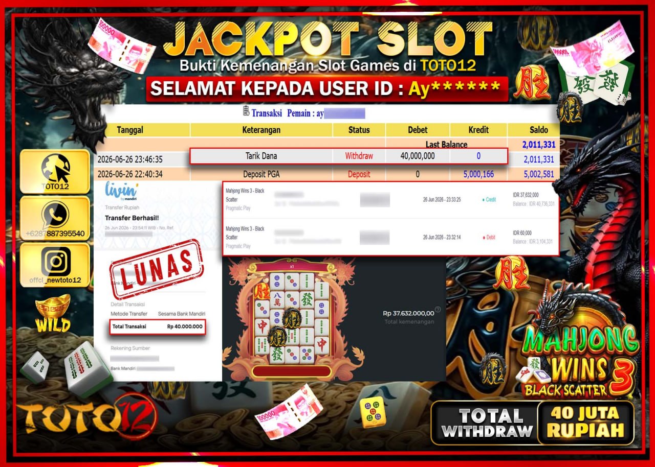 HANYA DI TOTO12 JP PASTI DI BAYAR LUNAS DAN CEPAT!!!!!! JACKPOT SLOT GAME (MAHJONG WINS 3 BLACK SCATTER) Rp40.000.000!!!!