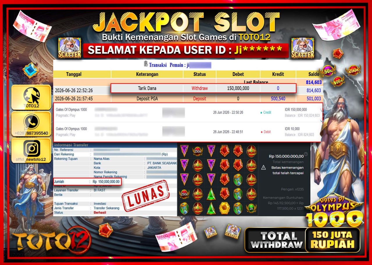 HANYA DI TOTO12 JP PASTI DI BAYAR LUNAS DAN CEPAT!!!!!! JACKPOT SLOT GAME (GATES OF OLYMPUS 1000) Rp150.000.000!!!!