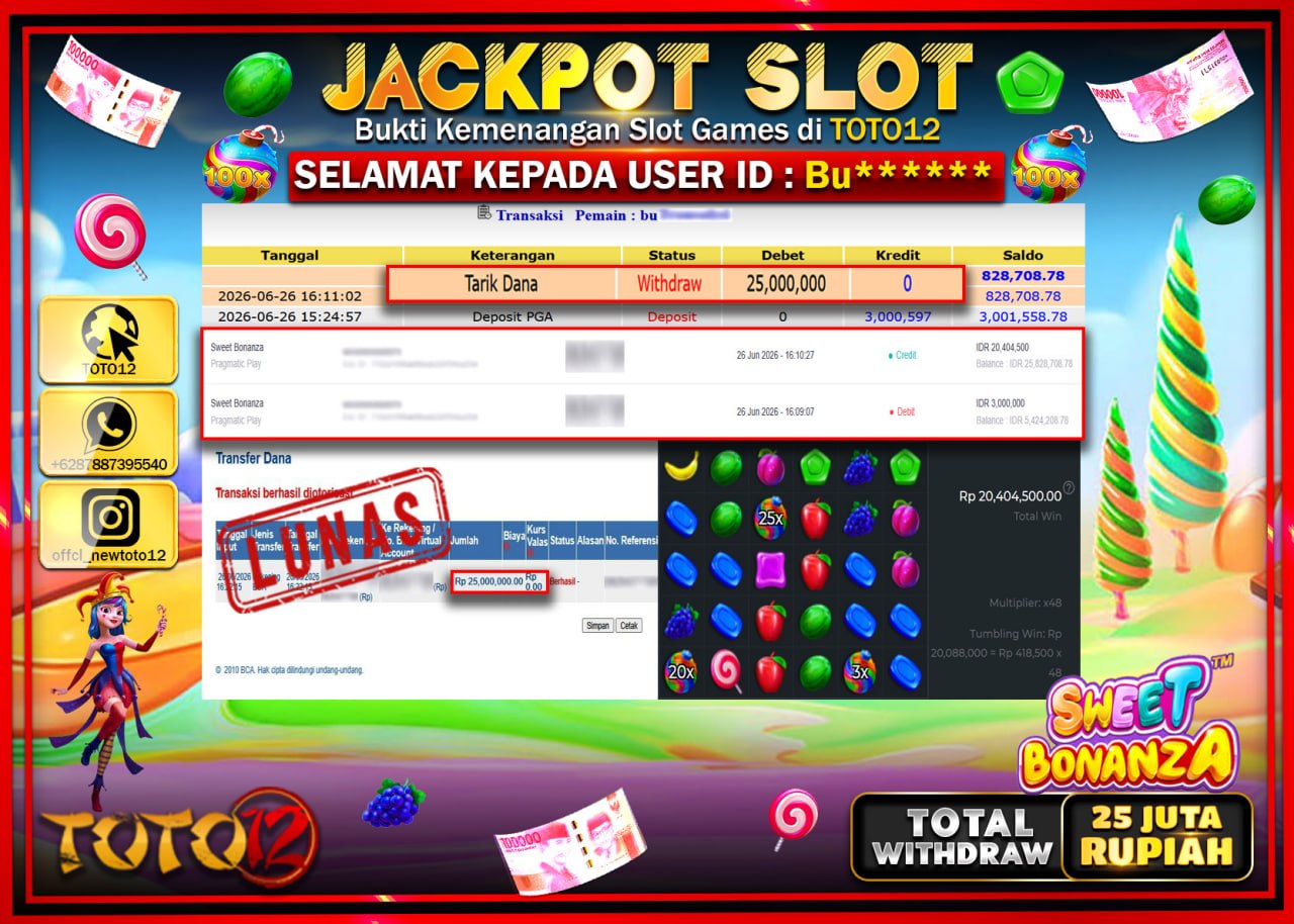 HANYA DI TOTO12 JP PASTI DI BAYAR LUNAS DAN CEPAT!!!!!! JACKPOT SLOT GAME (SWEET BONANZA) Rp25.000.000!!!!