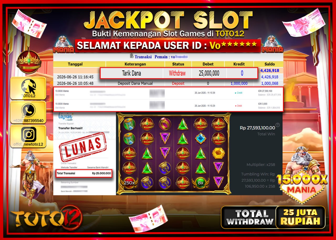 HANYA DI TOTO12 JP PASTI DI BAYAR LUNAS DAN CEPAT!!!!!! JACKPOT SLOT GAME (15.000 X MANIA) Rp25.000.000!!!!