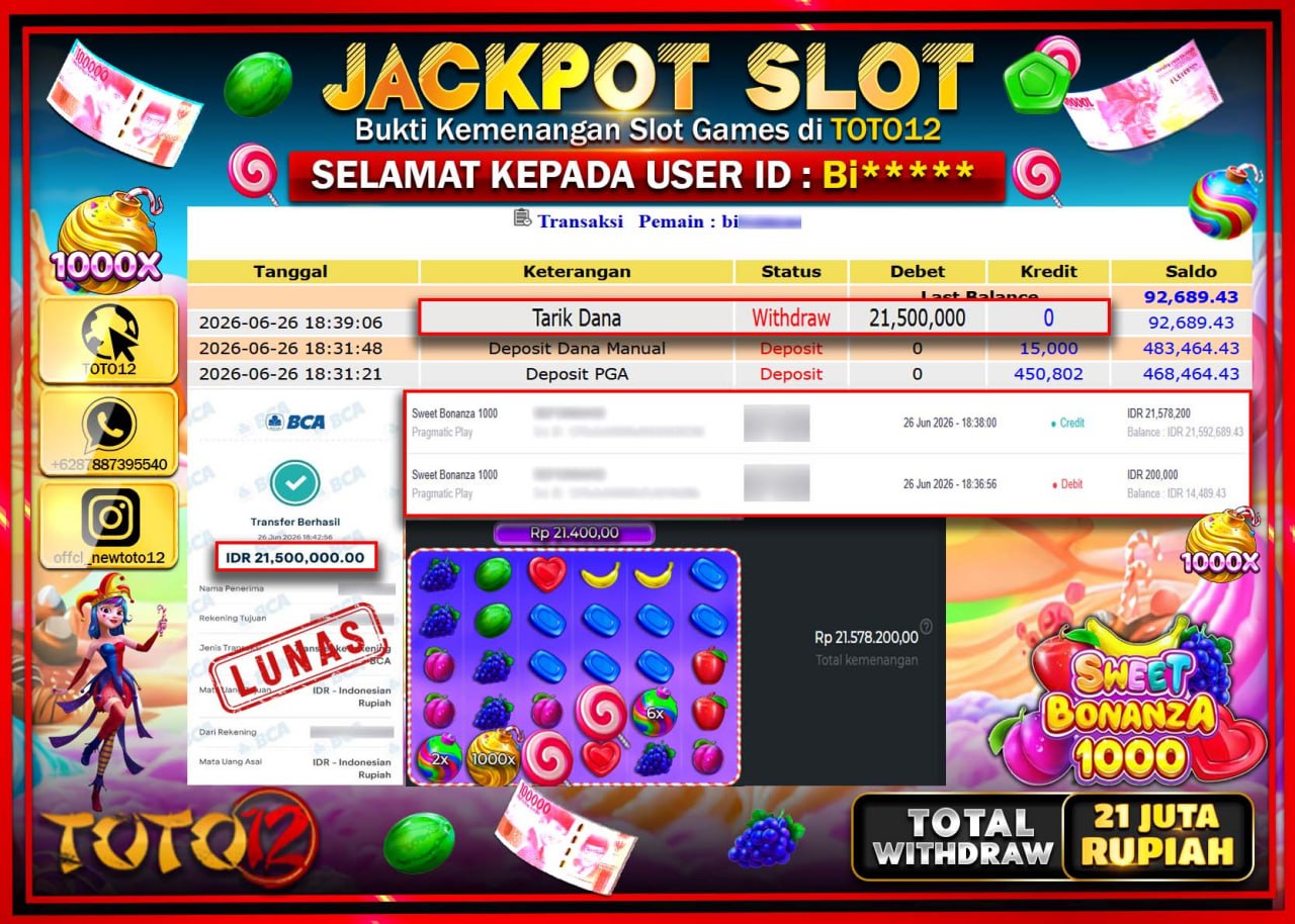 HANYA DI TOTO12 JP PASTI DI BAYAR LUNAS DAN CEPAT!!!!!! JACKPOT SLOT GAME (SWEET BONANZA 1000) Rp21.500.000!!!!