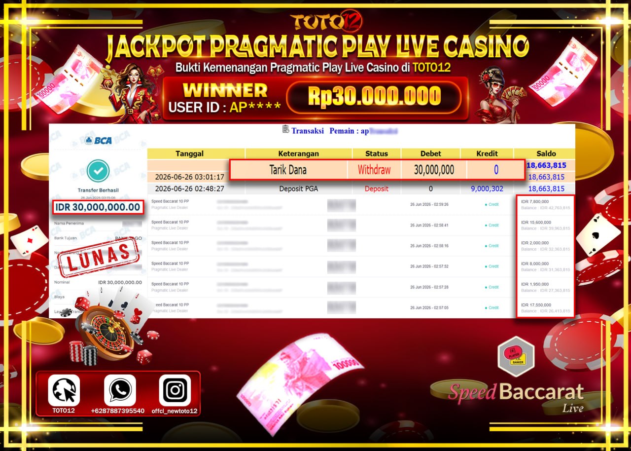 HANYA DI TOTO12 JP PASTI DI BAYAR LUNAS DAN CEPAT!!!!!! JACKPOT PRAGMATIC PLAY LIVE GAME CASINO (SPEED BACCARAT 10 PP) Rp30.000.000!!!!