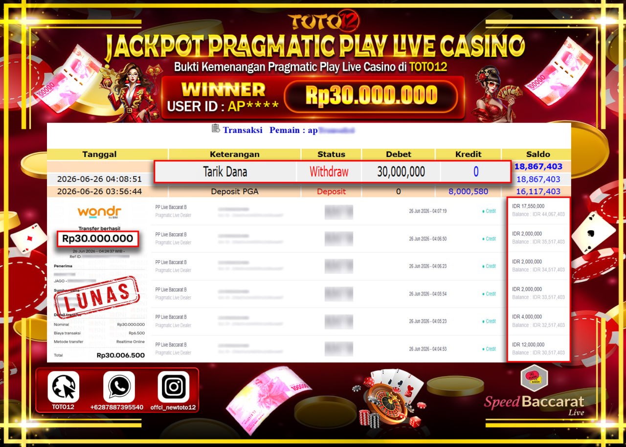 HANYA DI TOTO12 JP PASTI DI BAYAR LUNAS DAN CEPAT!!!!!! JACKPOT PRAGMATIC PLAY LIVE GAME CASINO (PP LIVE BACCARAT B) Rp30.000.000!!!!