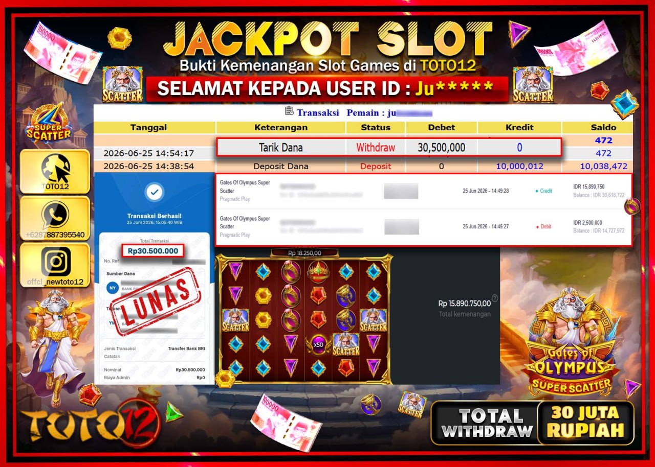 HANYA DI TOTO12 JP PASTI DI BAYAR LUNAS DAN CEPAT!!!!!! JACKPOT SLOT GAME (GATES OF OLYMPUS SUPER SCATTER) Rp30.500.000!!!!