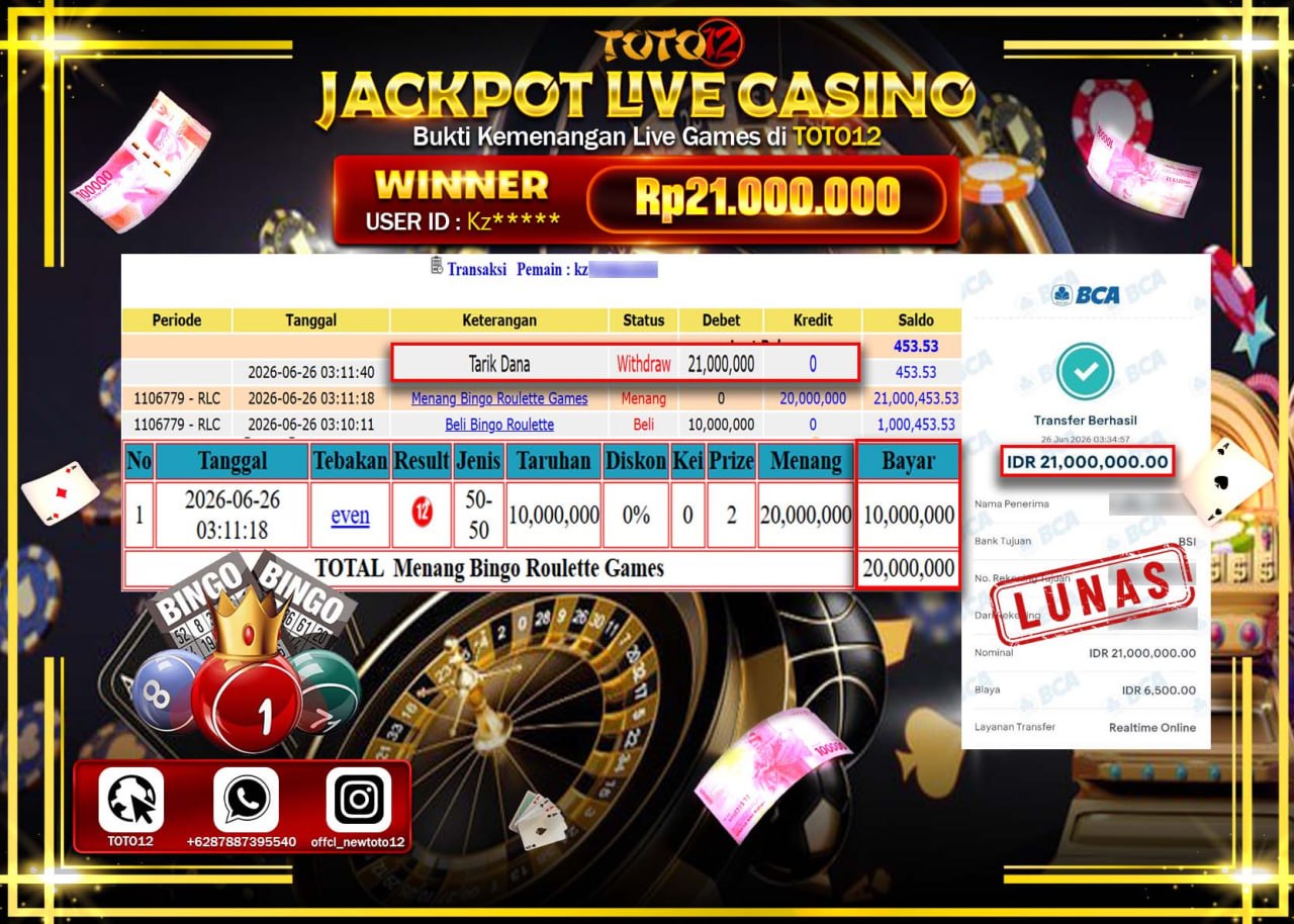 HANYA DI TOTO12 JP PASTI DI BAYAR LUNAS DAN CEPAT!!!!!! JACKPOT  LIVE GAME CASINO (ROULETTE) Rp21.000.000!!!!
