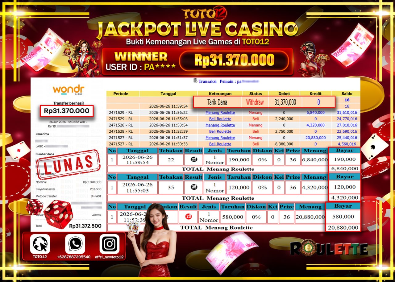HANYA DI TOTO12 JP PASTI DI BAYAR LUNAS DAN CEPAT!!!!!! JACKPOT  LIVE GAME CASINO (ROULETTE) Rp31.370.000!!!!