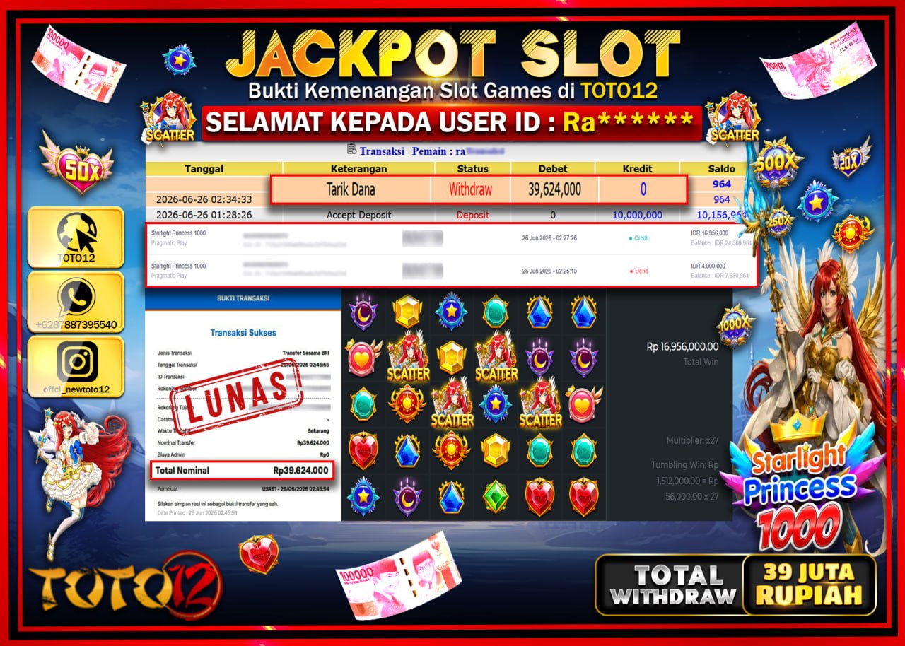 HANYA DI TOTO12 JP PASTI DI BAYAR LUNAS DAN CEPAT!!!!!! JACKPOT SLOT GAME (STARLIGHT PRINCESS 1000) Rp39.624.000!!!!
