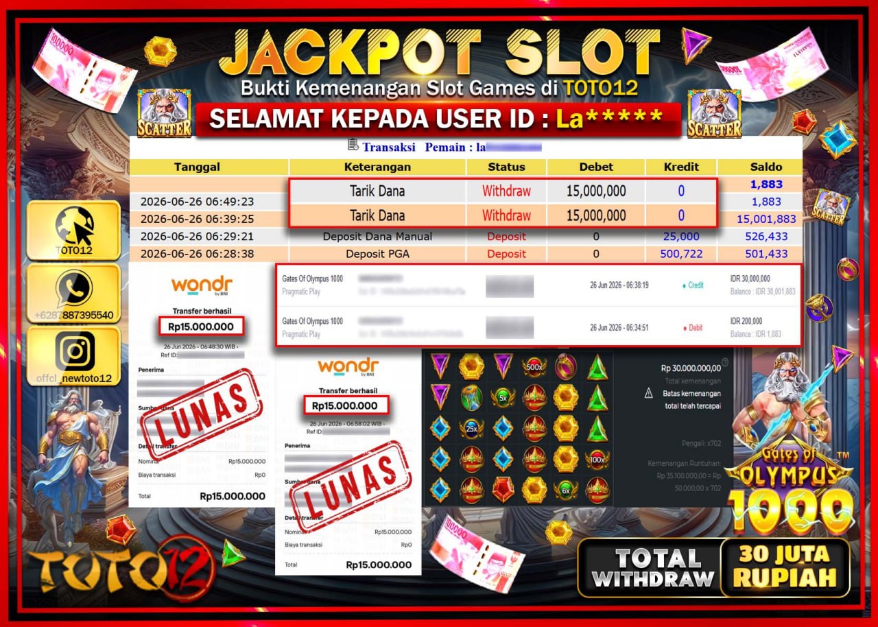 HANYA DI TOTO12 JP PASTI DI BAYAR LUNAS DAN CEPAT!!!!!! JACKPOT SLOT GAME (GATES OF OLYMPUS 1000) Rp30.000.000!!!!