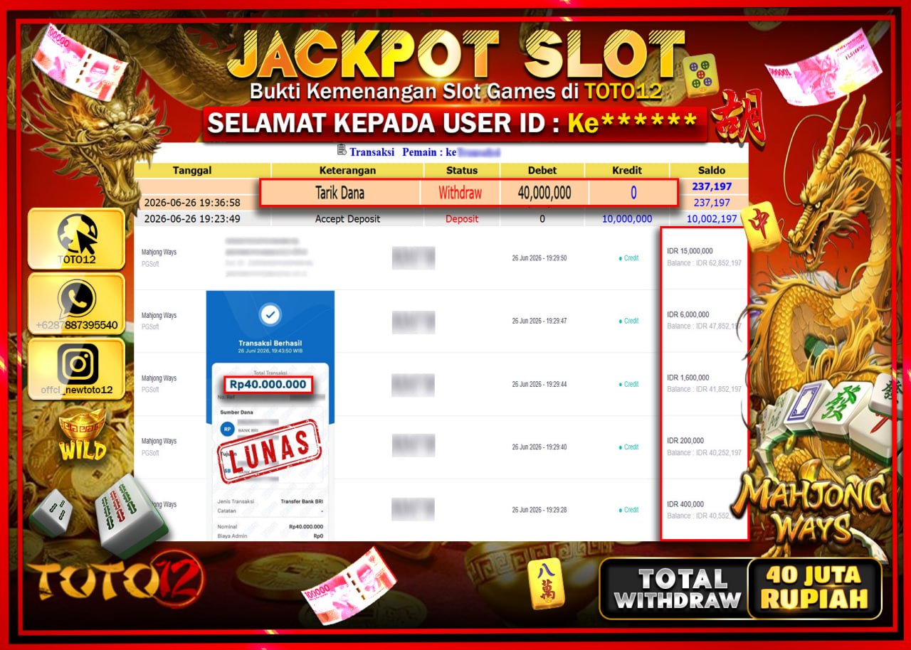 HANYA DI TOTO12 JP PASTI DI BAYAR LUNAS DAN CEPAT!!!!!! JACKPOT SLOT GAME (MAHJONG WAYS) Rp40.000.000!!!!
