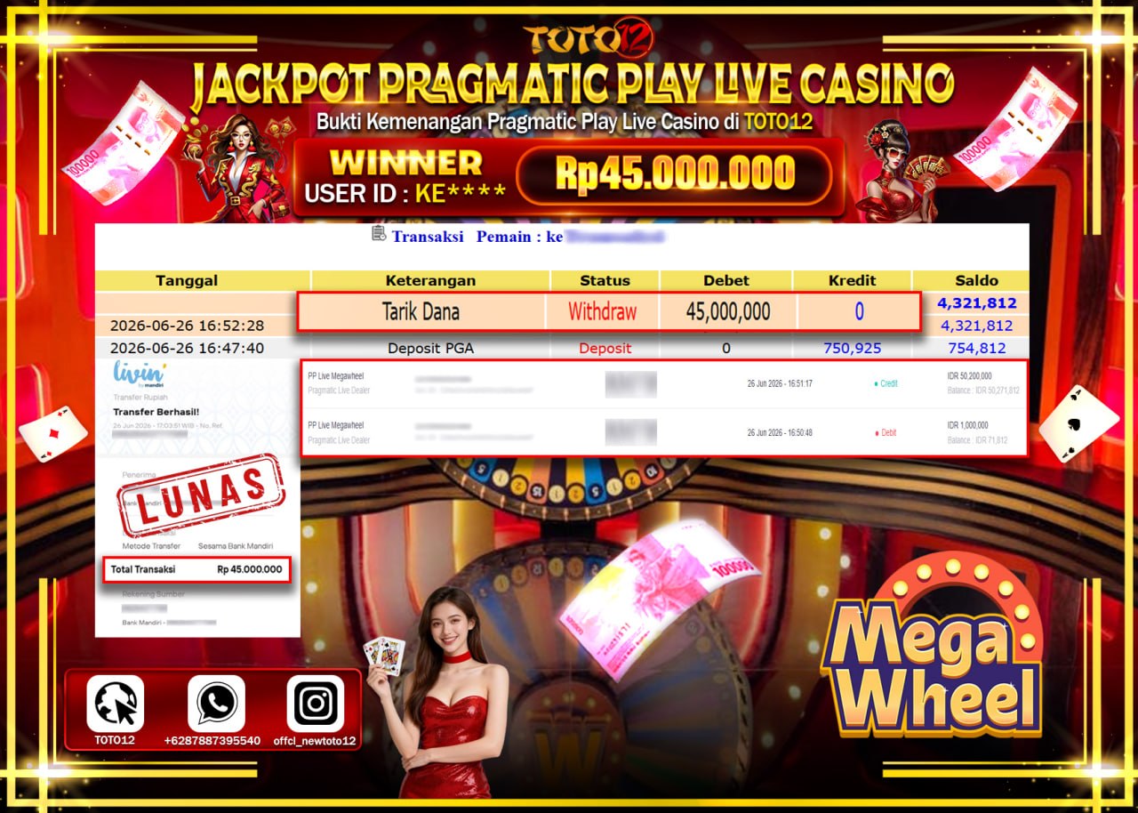 HANYA DI TOTO12 JP PASTI DI BAYAR LUNAS DAN CEPAT!!!!!! JACKPOT PRAGMATIC PLAY LIVE GAME CASINO (PP LIVE MEGAWHEEL) Rp45.000.000!!!!