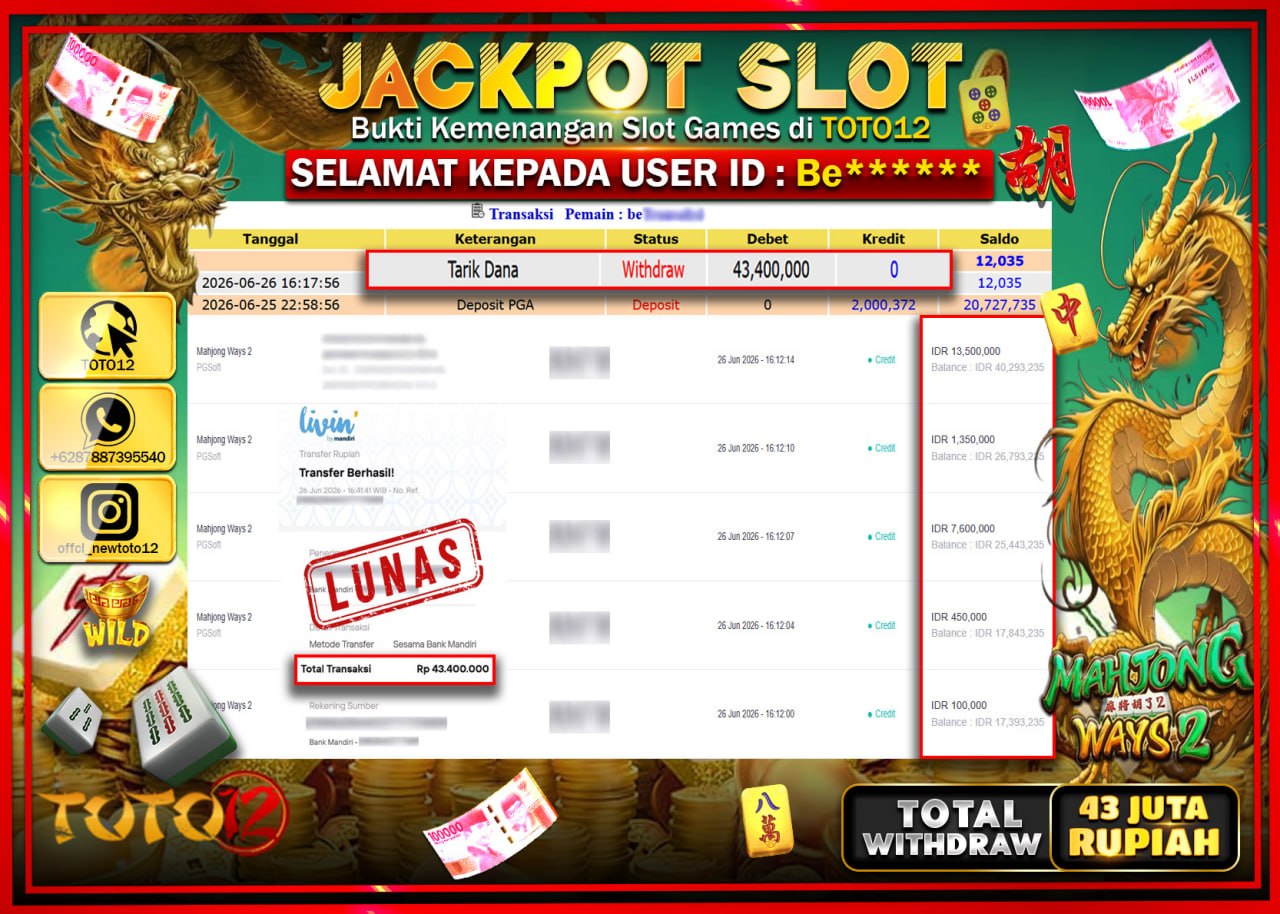 HANYA DI TOTO12 JP PASTI DI BAYAR LUNAS DAN CEPAT!!!!!! JACKPOT SLOT GAME (MAHJONG WAYS 2) Rp43.400.000!!!!
