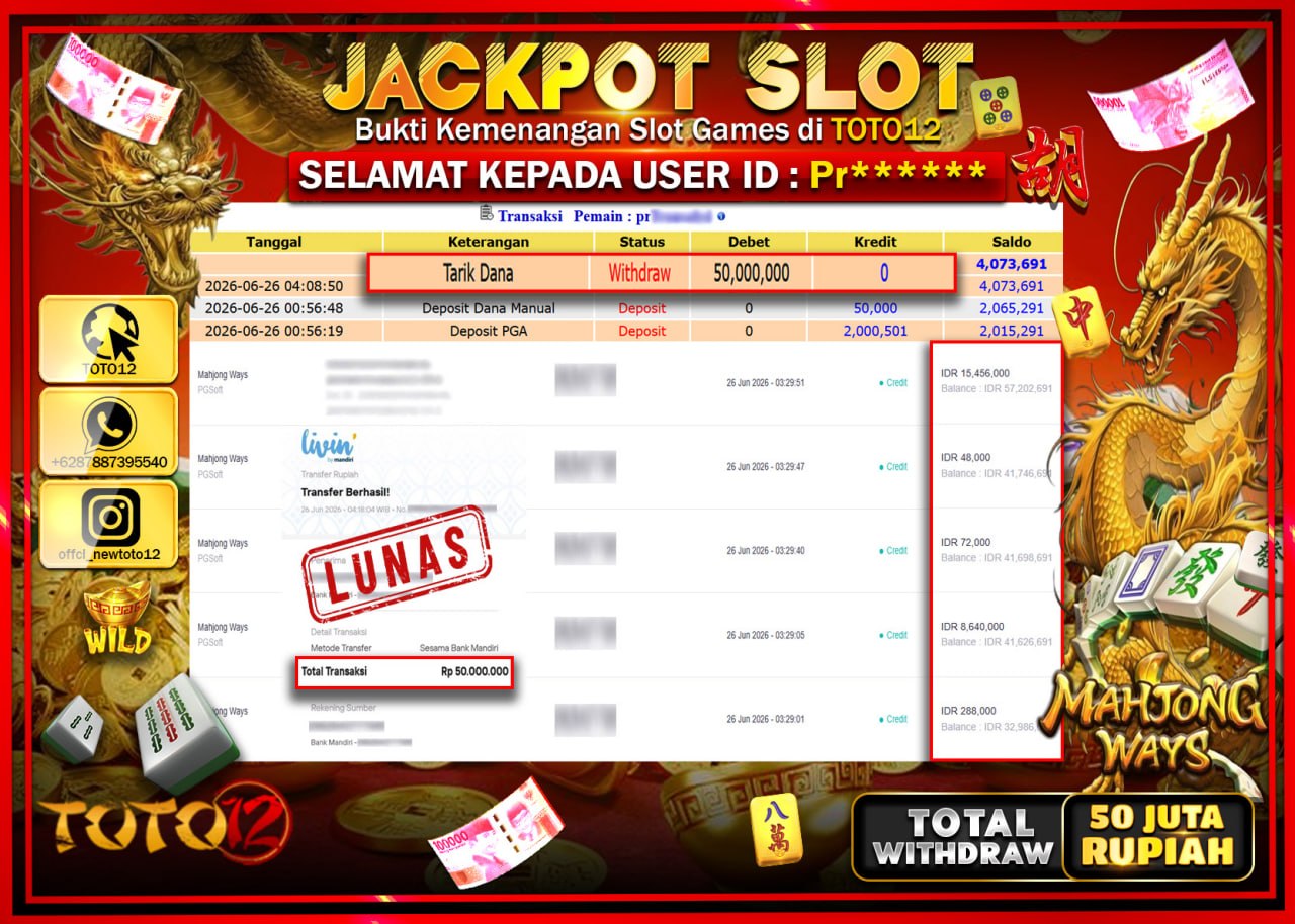 HANYA DI TOTO12 JP PASTI DI BAYAR LUNAS DAN CEPAT!!!!!! JACKPOT SLOT GAME (MAHJONG WAYS) Rp50.000.000!!!!
