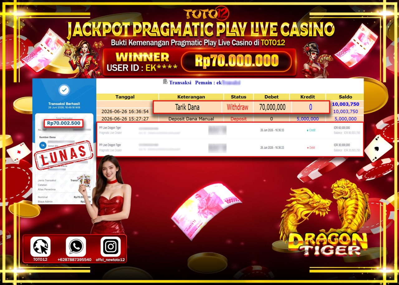 HANYA DI TOTO12 JP PASTI DI BAYAR LUNAS DAN CEPAT!!!!!! JACKPOT PRAGMATIC PLAY LIVE GAME CASINO (PP LIVE DRAGON TIGER) Rp70.000.000!!!!