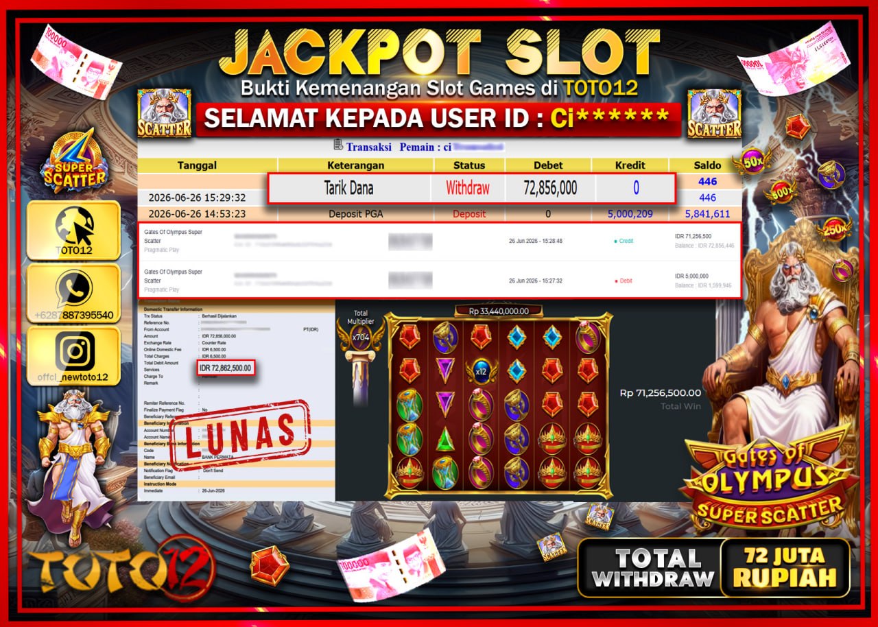 HANYA DI TOTO12 JP PASTI DI BAYAR LUNAS DAN CEPAT!!!!!! JACKPOT SLOT GAME (GATES OF OLYMPUS SUPER SCATTER) Rp72.856.000!!!!
