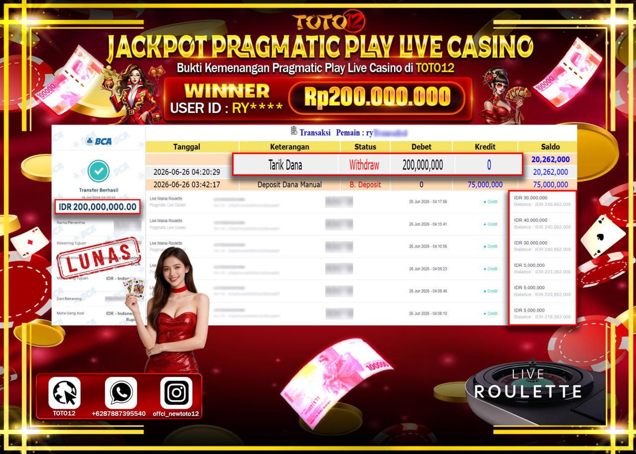 HANYA DI TOTO12 JP PASTI DI BAYAR LUNAS DAN CEPAT!!!!!! JACKPOT PRAGMATIC PLAY LIVE GAME CASINO (LIVE MANIA ROULETTE) Rp200.000.000!!!!