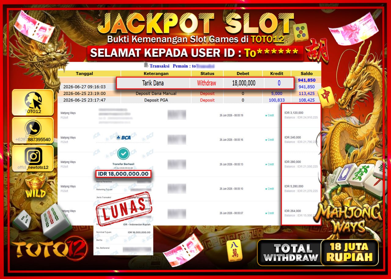 HANYA DI TOTO12 JP PASTI DI BAYAR LUNAS DAN CEPAT!!!!!! JACKPOT SLOT GAME (MAHJONG WAYS) Rp18.000.000!!!!