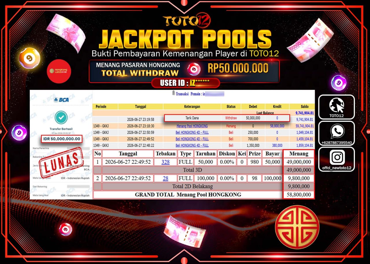 HANYA DI TOTO12 JP PASTI DI BAYAR LUNAS DAN CEPAT!!!!!! JACKPOT POOLS PASARAN (HONGKONG) Rp50.000.000!!!!
