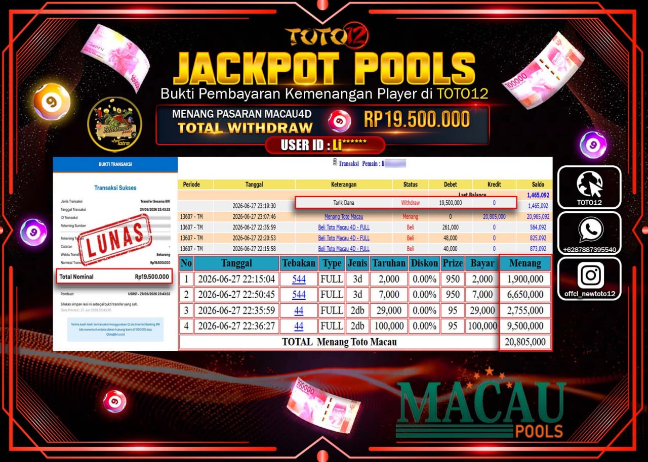 HANYA DI TOTO12 JP PASTI DI BAYAR LUNAS DAN CEPAT!!!!!! JACKPOT POOLS PASARAN (MACAU 4D) Rp19.500.000!!!!