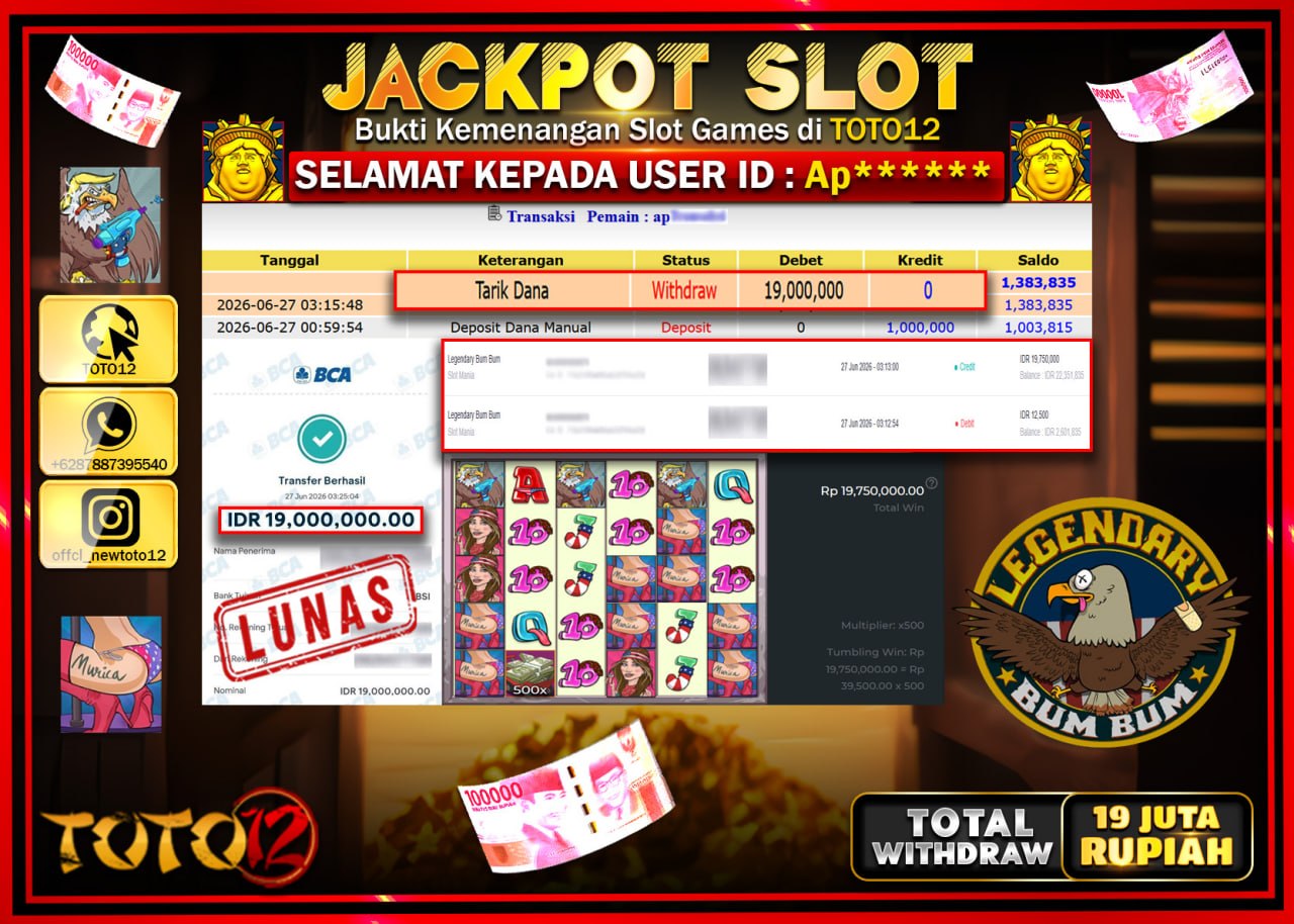 HANYA DI TOTO12 JP PASTI DI BAYAR LUNAS DAN CEPAT!!!!!! JACKPOT SLOT GAME (LEGENDARY BUM BUM) Rp19.000.000!!!!