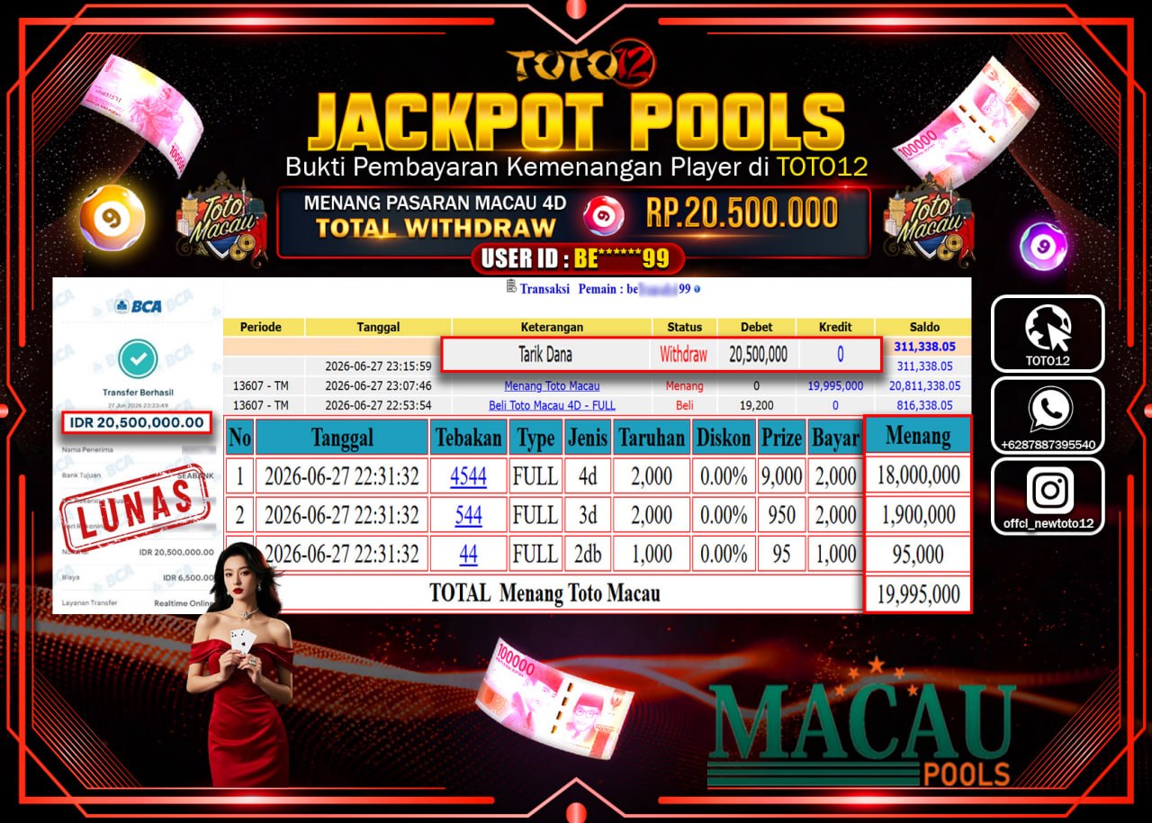 HANYA DI TOTO12 JP PASTI DI BAYAR LUNAS DAN CEPAT!!!!!! JACKPOT POOLS PASARAN (MACAU 4D) Rp20.500.000!!!!