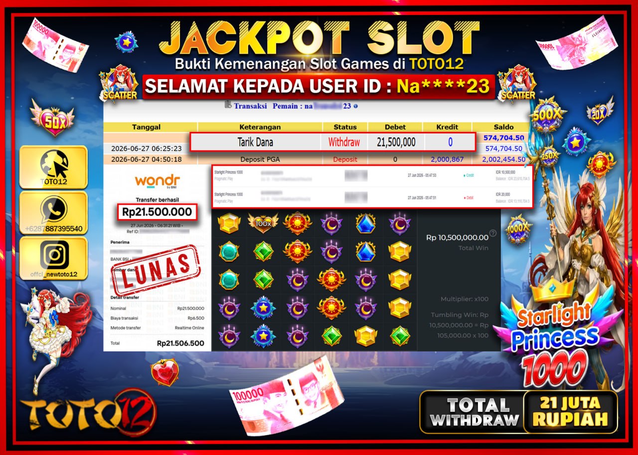 HANYA DI TOTO12 JP PASTI DI BAYAR LUNAS DAN CEPAT!!!!!! JACKPOT SLOT GAME (STARLIGHT PRINCESS 1000) Rp21.500.000!!!!