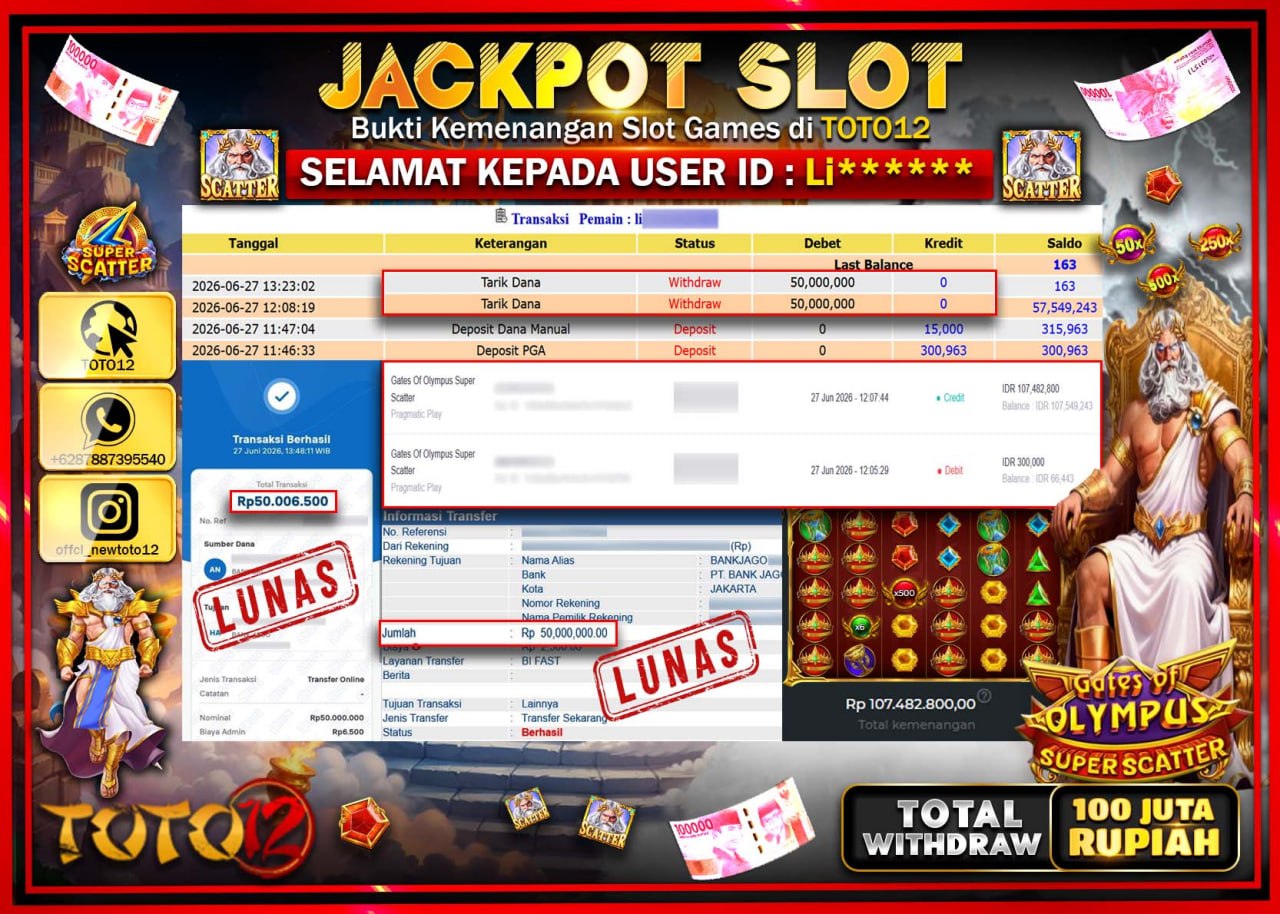 HANYA DI TOTO12 JP PASTI DI BAYAR LUNAS DAN CEPAT!!!!!! JACKPOT SLOT GAME (GATES OF OLYMPUS SUPER SCATTER) Rp100.000.000!!!!